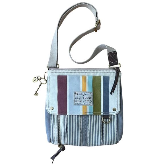 Fossil Long Live Vintage Key Crossbody Bag Canvas Striped Messenger Y2K Boho - Picture 1 of 14